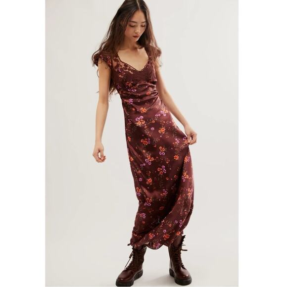 Free People Dainty Lace Retro 90s Butterfly Babe Maxi Dress Brown Combo Medium - Picture 8 of 16